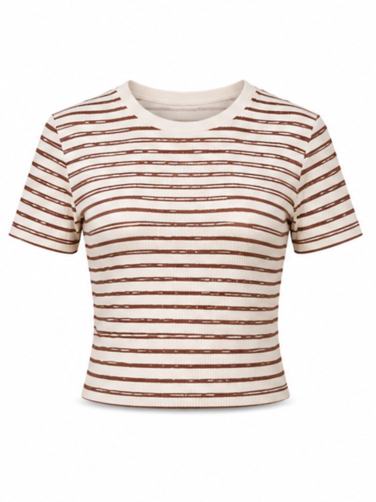 Atelier By Kirious Brown White Stripe Crop Knit Top Size L
